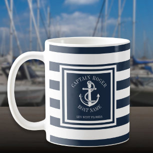 Captain And Boat Name Navy Blue Stripe Anchor Coffee Mug