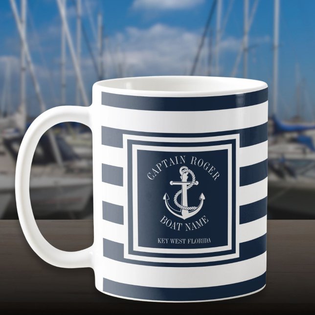 Captain And Boat Name Navy Blue Stripe Anchor Coffee Mug (Captain And Boat Name Navy Blue Stripe Anchor Coffee Mug)