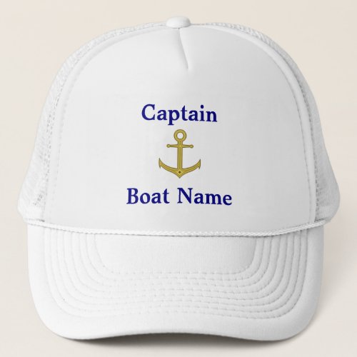 Captain and Boat Name Navy Blue Text Gold Anchor Trucker Hat