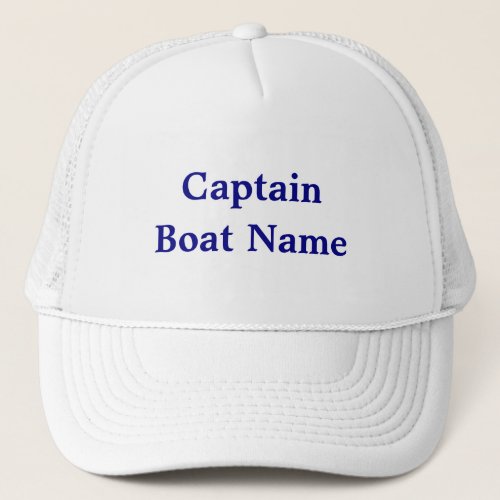 Captain and Boat Name Navy Blue Text Trucker Hat