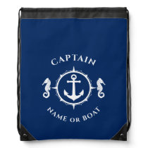 Captain and Name or Boat Nautical Anchor Seahorse Drawstring Bag Captain and Name or Boat Nautical Anchor Seahorse Drawstring Bag