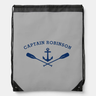 Captain and Your Name Nautical Anchor Crossed Oars Drawstring Bag