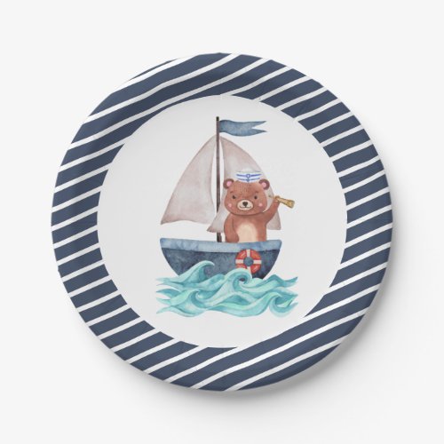 Captain Bear Boat Sea Waves Blue White Stripe Paper Plates