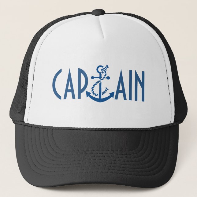 Captain-Blue Text & Nautical Boat Anchor Trucker Hat (Front)