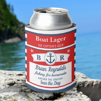 Captain Boat Lager Beer Striped Ship Anchor Custom Can Cooler by LaborAndLeisure at Zazzle