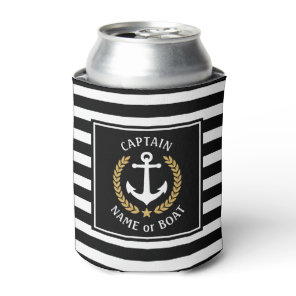 Captain Boat Name Anchor Gold Laurel Black Stripe Can Cooler