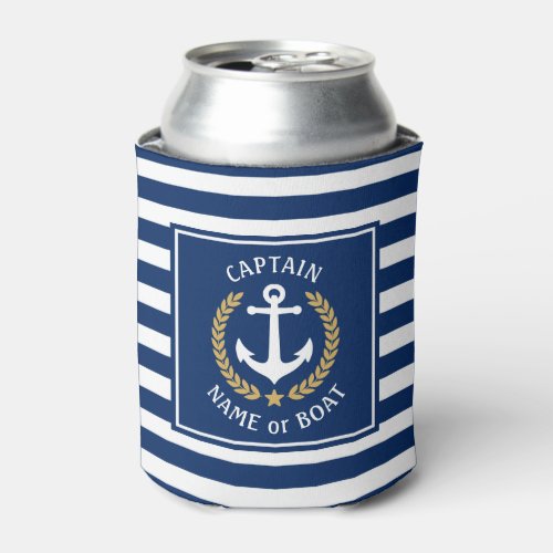 Captain Boat Name Anchor Gold Laurel Blue Stripe Can Cooler