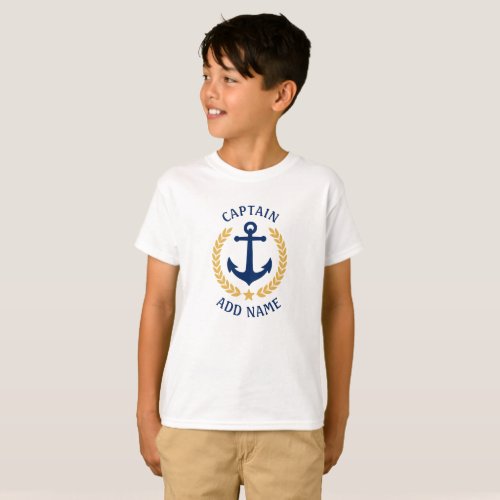 Captain Boat Name Anchor Gold Laurel Boys White T_Shirt