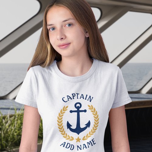 Captain Boat Name Anchor Gold Laurel Leaves Girls T_Shirt