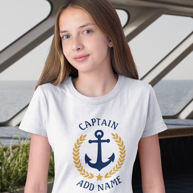 Captain Boat Name Anchor Gold Laurel Leaves Girls T-Shirt (Creator Uploaded)