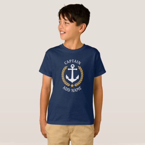Captain Boat Name Anchor Gold Laurel Navy Blue T_Shirt