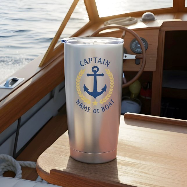Captain Boat Name Anchor Gold Laurel Star Navy Insulated Tumbler (Creator Uploaded)