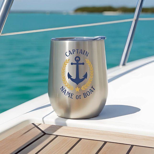 Captain Boat Name Anchor Gold Laurel Star Navy Thermal Wine Tumbler (Creator Uploaded)