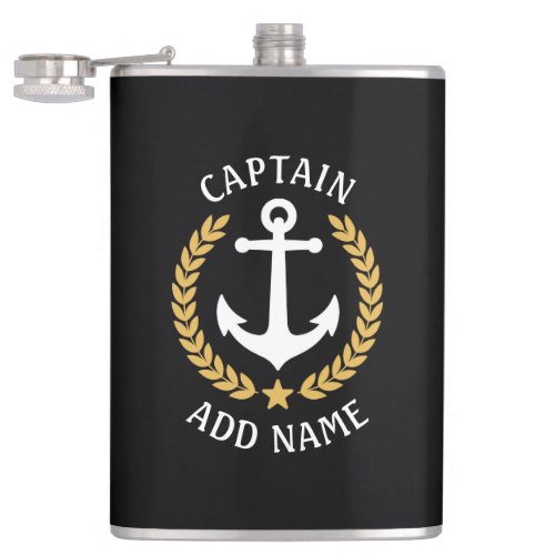 Captain Boat Name Anchor Gold Style Laurel Black Flask