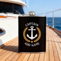 Captain Boat Name Anchor Gold Style Laurel Black Flask