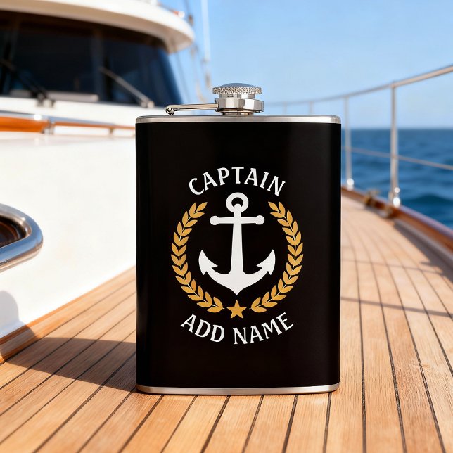 Captain Boat Name Anchor Gold Style Laurel Black Flask (Creator Uploaded)