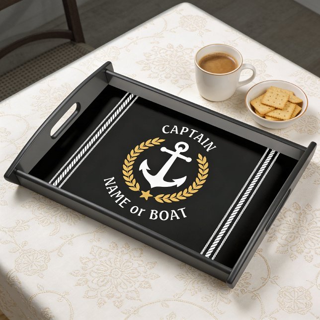 Captain Boat Name Anchor Gold Style Laurel Black Serving Tray (Creator Uploaded)