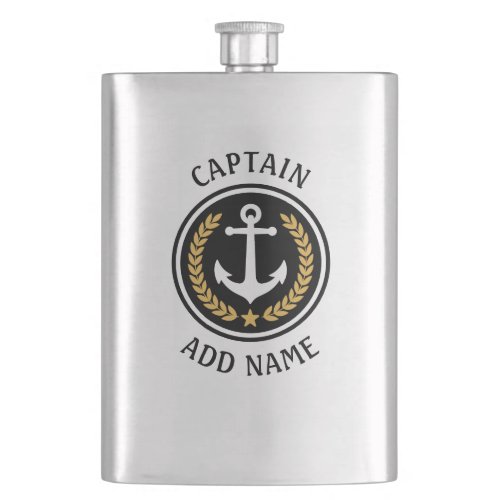 Captain Boat Name Anchor Gold Style Laurel Metal Flask