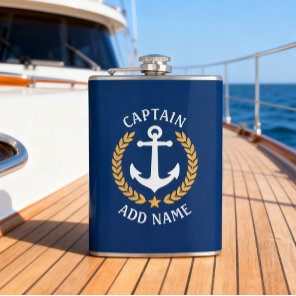 Captain Boat Name Anchor Gold Style Laurel Navy Flask