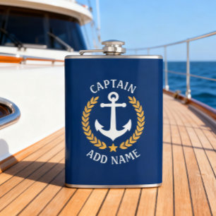 Captain Boat Name Anchor Gold Style Laurel Navy Flask