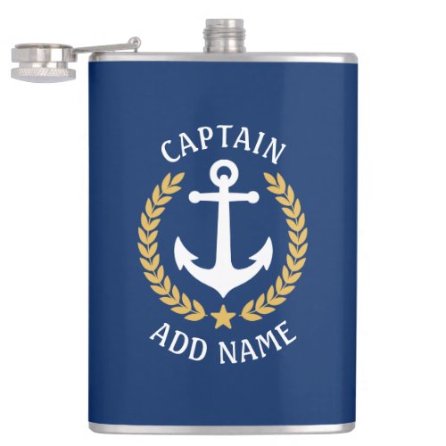 Captain Boat Name Anchor Gold Style Laurel Navy Flask