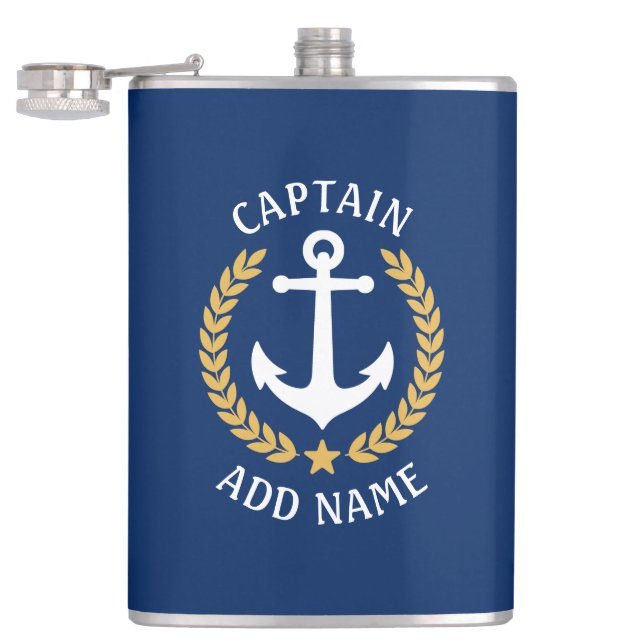 Captain Boat Name Anchor Gold Style Laurel Navy Flask (Opened)