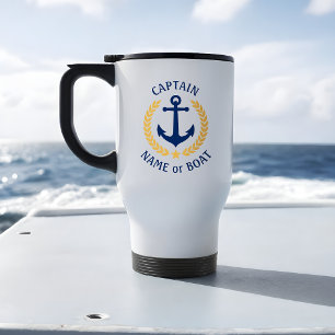 Captain Boat Name Anchor Gold Style Laurel Navy Travel Mug