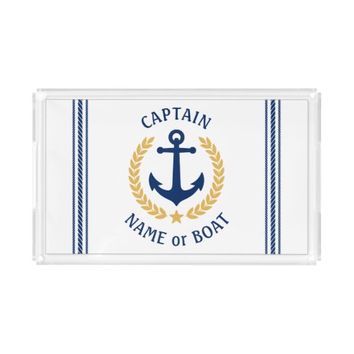 Captain Boat Name Anchor Gold Style Laurel Star Acrylic Tray