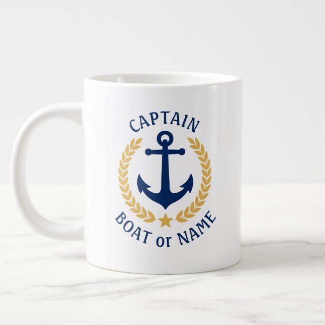 Captain Boat Name Anchor Gold Style Laurel Star Giant Coffee Mug (Left)
