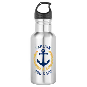 Captain Boat Name Anchor Gold Style Laurel Star Stainless Steel Water Bottle