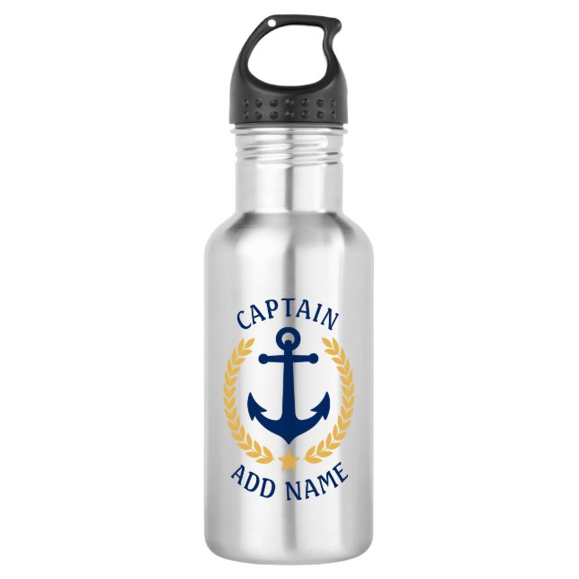 Captain Boat Name Anchor Gold Style Laurel Star Stainless Steel Water Bottle (Front)