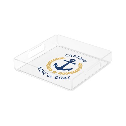 Captain Boat Name Anchor Gold Style Laurel White Acrylic Tray