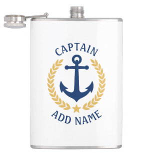Captain Boat Name Anchor Gold Style Laurel White Flask