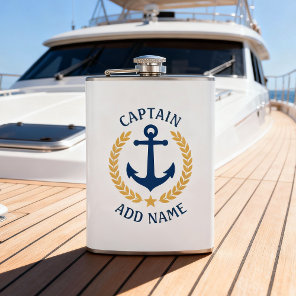 Captain Boat Name Anchor Gold Style Laurel White Flask