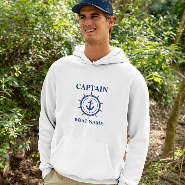 Captain Boat Name Anchor Rope Helm Nautical Hoodie (Customize to change text size. Choose from a variety of shirt colors and styles.)