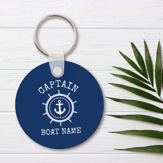 Captain Boat Name Blue Nautical Anchor Rope Helm Keychain (Customize to change text size or text style.)