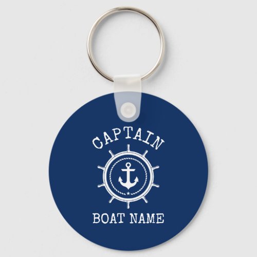 Captain Boat Name Blue Nautical Anchor Rope Helm Keychain