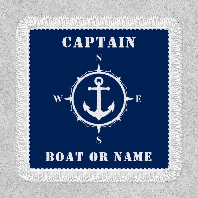 Captain Boat Name Compass Anchor Navy Blue White Patch (Front)