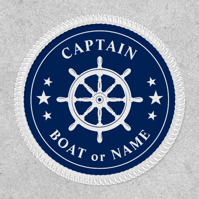 Captain Boat Name Helm Wheel Stars Navy Blue White Patch (Front)