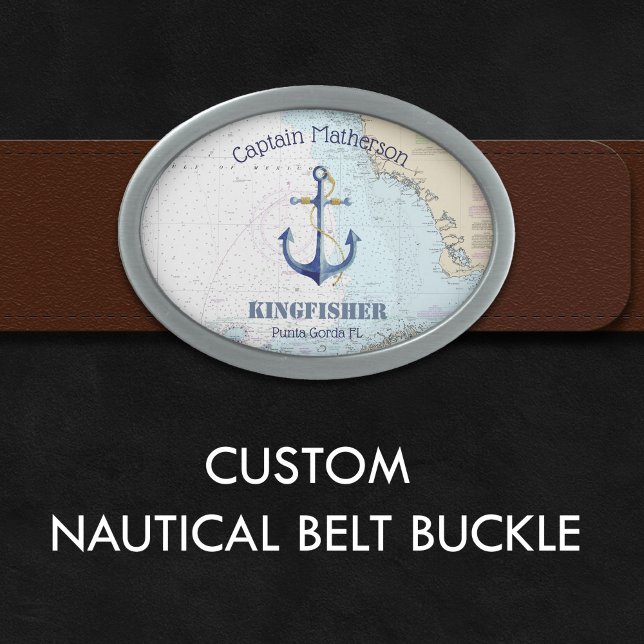 Captain, Boat Name & Home Port Nautical Chart Belt Buckle (Captain, Boat Name & Home Port Nautical Chart Belt Buckle)