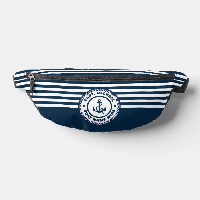 Captain Boat Name Nautical Anchor Blue white Fanny Pack (Lay Down)