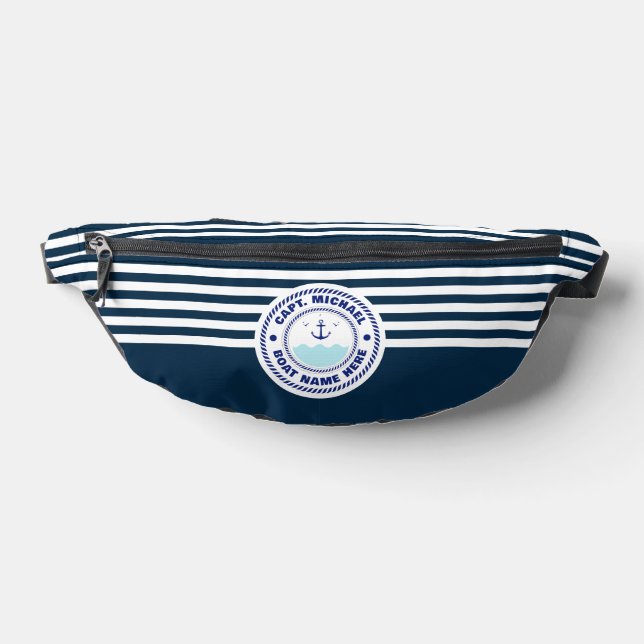 Captain Boat Name Nautical Anchor Blue white Fanny Pack (Lay Down)