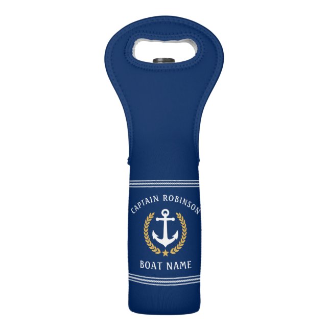 Captain Boat Name Nautical Anchor Gold Laurel Navy Wine Bag (Front)