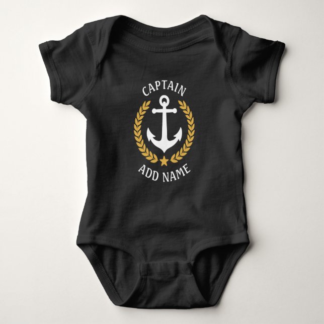 Captain Boat Name Nautical Anchor Gold Laurel Star Baby Bodysuit (Front)