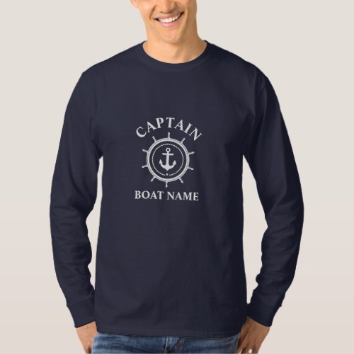Captain Boat Name Nautical Anchor Helm Blue Long T_Shirt
