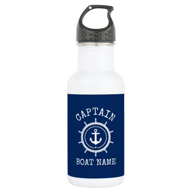 Captain Boat Name Nautical Anchor Rope Helm Blue Stainless Steel Water Bottle (Front)