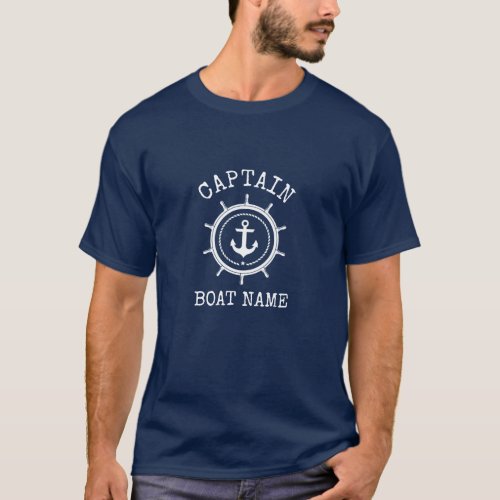 Captain Boat Name Nautical Anchor Rope Helm Blue T_Shirt