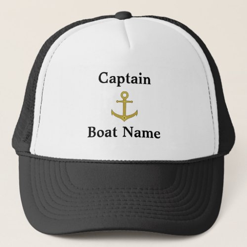 Captain Boat Name Nautical White Black Gold Anchor Trucker Hat