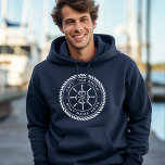 Captain boat name rope frame nautical ship's wheel hoodie<br><div class="desc">Navy blue hoodie shirt featuring a white,  elegant ship's wheel and rope emblem with your custom captain's name and boat name.</div>