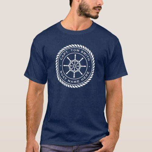 Captain boat name rope frame nautical ships wheel T_Shirt